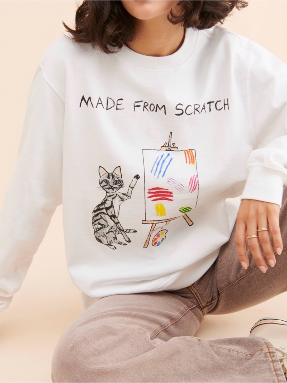White Unfortunate Portrait "Made From Scratch" Cat graphic sweatshirt-M